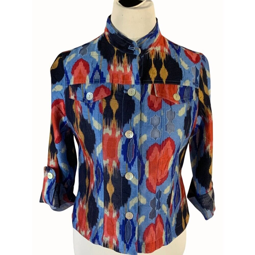 Ruby Rd Women Lightweight MultiColor Abstract Linen Blend Buttoned Jacket Top 6P